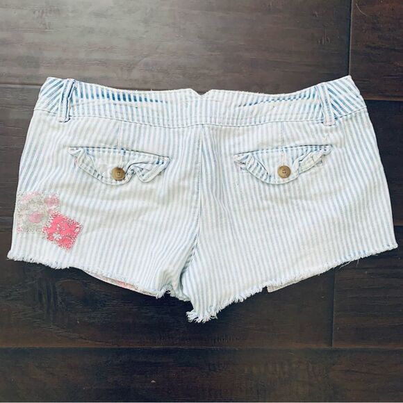 American Eagle AE White/Blue Striped w/Floral Patchwork Cut Off Jean Shorts | 2 - Picture 4 of 8